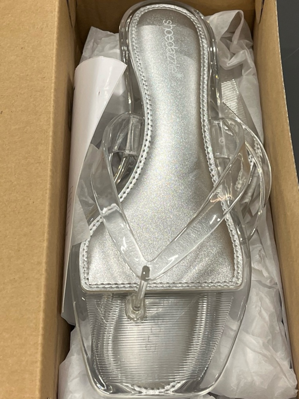 Shoe Dazzle Clear Jelly Thong Sandals with Silver Insole